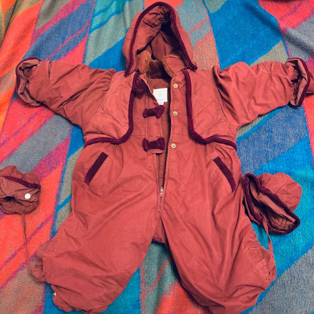 Vintage burgundy London fog infant snow suit.